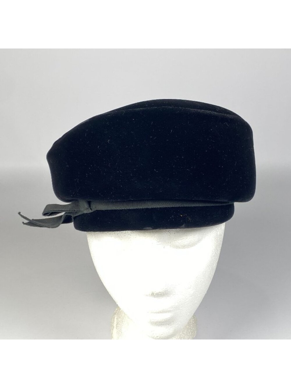 Vintage Valerie Modes Black Velvet Pillbox Hat with Ribbon & Bow Accent